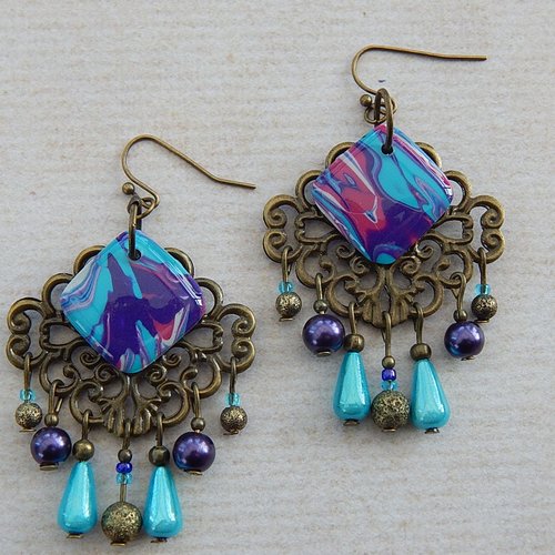 Boucles d'oreille pendantes bleues et bronze.