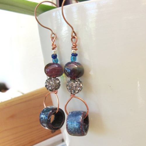 "de cristal & d'etoiles" : des boucles d'oreille précieuses, romantiques avec perle en émail artisanal ......
