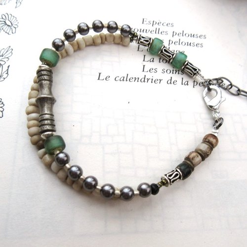 Les echos de la vie : pour ce bracelet unisexe 2 rangs ,ethnique chic avec perle vieil argent du maroc ....