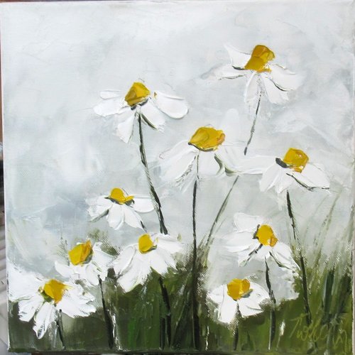 Vendu .:les délicates...: peinture figurative florale : les marguerites : peinture à l'huile au couteau sur toile de coton