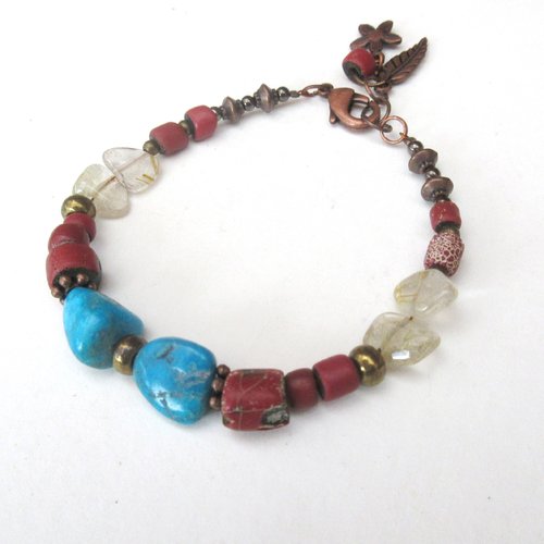 Monologue chemins des vents : bracelet unisexe tribal de style amérindien avec perles turquoise, quartz rutile or...
