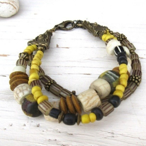 Fixer l'imaginaire:  superbe bracelet 3 rangs de style ethnique et tribal