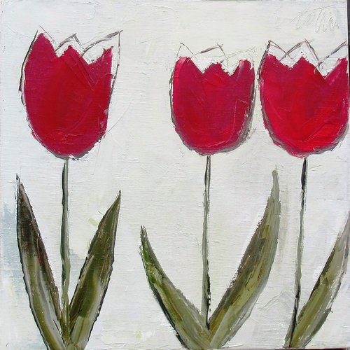 Elégantes ii...: peinture figurative florale : 3 tulipes rouge : peinture à l'huile au couteau sur toile de lin