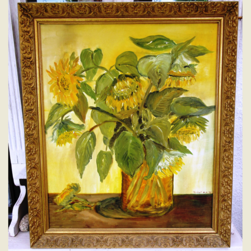 Sous la lumière chaude : peinture florale de tournesols , huile au pinceau sur carton toilé  avec cadre ancien