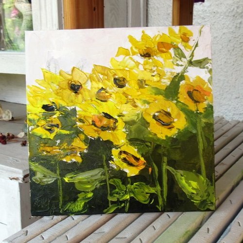 Eclats d'or : peinture figurative florale : tournesols provence: peinture à l'huile au couteau sur toile sur carton toilé