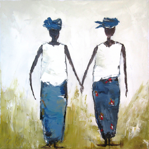 Emotions partagées   : peinture à l'huile au couteau sur châssis, personnages d'afrique, les petites dames .... !!!!
