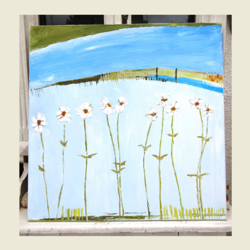 Peinture figurative florale huile au couteau sur toile sur châssis : azur fleuri