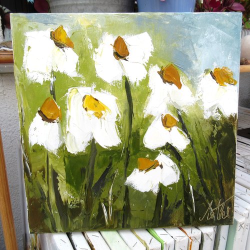 Peinture florale-fleurs des champs - marguerites stylisées -  huile au couteau sur toile de lin sur châssis: "reflets dorés 1"