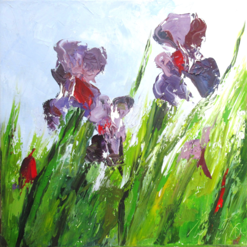 Peinture figurative florale, les iris de l'étang : peinture à l'huile au couteau sur toile de lin: "purple melody...."
