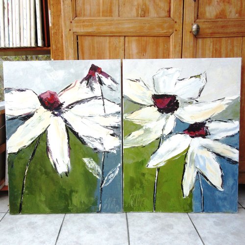 Peinture florale-marguerites stylisées - diptyque ; huile au couteau toile de lin sur châssis : "moment d'euphorie 1 & 2 "