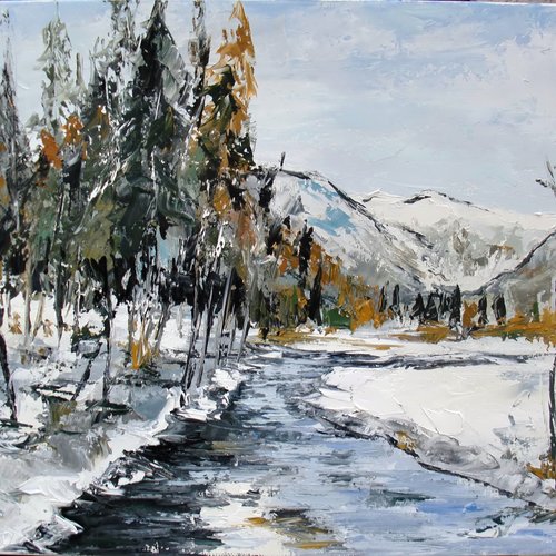 Frais matin  : paysage de neige, peinture figurative, peinture à l'huile au couteau sur toile de lin