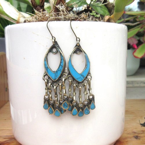 Inspiration berbère - boucles d'oreille chandeliers terreuses,  vintages et exotiques, gitanes  avec turquoise  : "larmes d'aquarelle"
