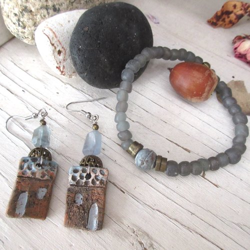 Brin de tendresse :  une parure nomade et romantique bracelet et boucles d'oreille avec grosses perles aigue -marine ....