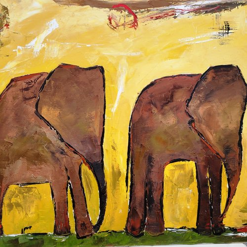 Peinture figurative éléphants afrique - peinture à l'huile, couteau sur toile de lin sur châssis : "un vent de changement"