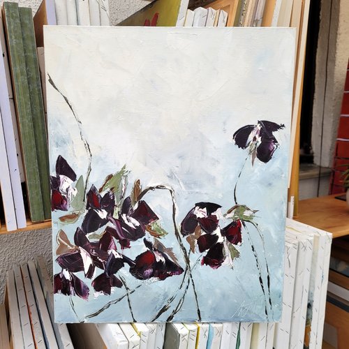 Rêves suspendus....: peinture figurative florale : fleurs des champs: peinture à l'huile au couteau sur toile de lin