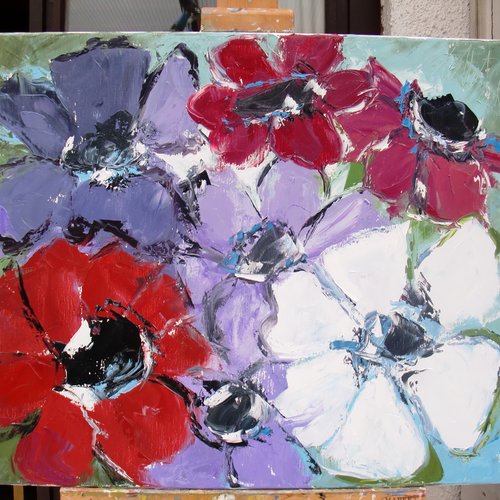 Amour d'eté  : peinture florale "anémones"  huile au couteau sur châssis et toile de lin