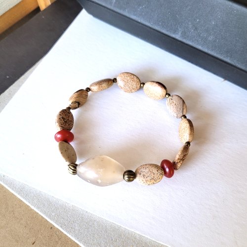 Un bracelet unisexe, ethnique, tribal avec perle ancienne agate néolithique et perles jaspes paysage : "musique de l'ouest"