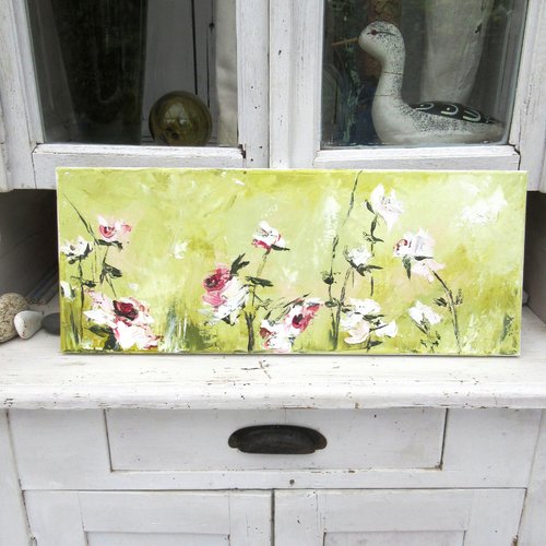 Peinture figurative florale- roses anglaises-  originale à l'huile au couteau sur châssis : "belles du jardin"