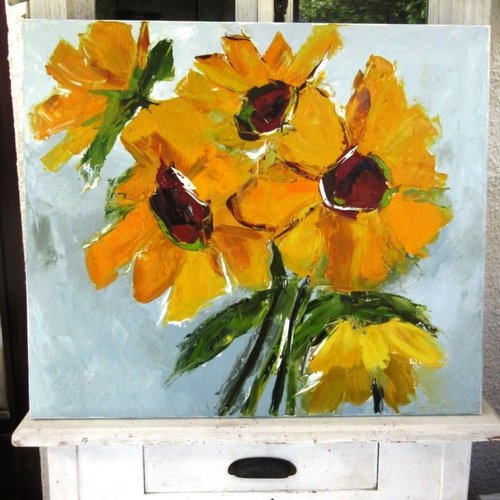 Chaleur d'eté : peinture florale "tournesols" huile au couteau sur toile de lin sur châssis ...