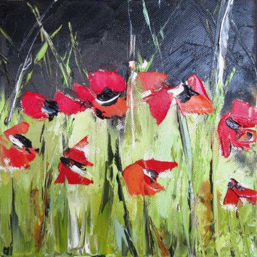 Douceur de vivre 1 : peinture figurative florale : fleurs des champs- coquelicots: peinture à l'huile au couteau sur toile sur châssis