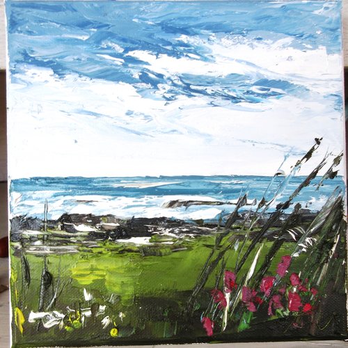 Peinture figurative marine, la côte du nord, peinture à l'huile au couteau sur toile sur châssis : "horizons de reflets "
