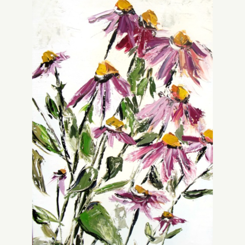 Peinture florale- échinacées- huile au couteau sur toile sur châssis : "l'éphémère sublimé "