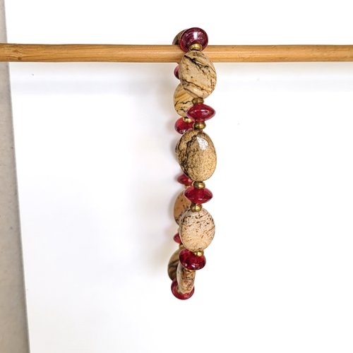 Un bracelet unisexe, ethnique, tribal avec perles jaspes paysage et perles verre moiré : "grands espaces de l'ouest"