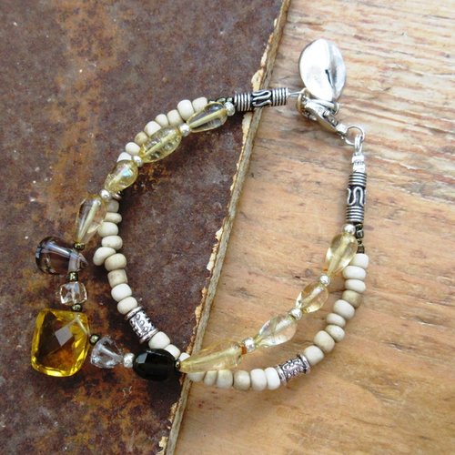 Un bracelet romantique, poétique 2 rangs avec citrine, quartz fumé; perles argent bali ....: "espace de liberté"