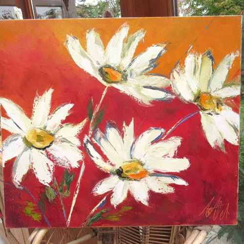 Peinture florale "marguerites des champs" huile au couteau sur toile de lin sur châssis ...: "sauvages"