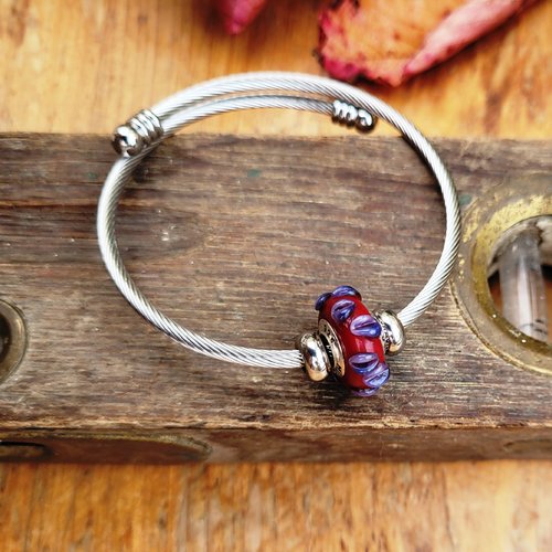 Superbe bracelet minimaliste, mémoire, unisexe avec une perle de style pandora -troll verre cerclage argent 925: "langage naturaliste'