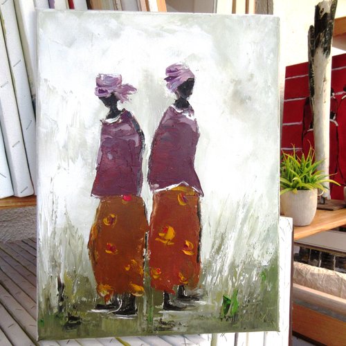 Peinture figurative de personnages- petites dames afrique,  peinture à l'huile au couteau sur toile de coton sur châssis : "complicités"