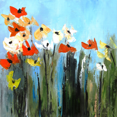 Peinture figurative florale : fleurs des champs: peinture à l'huile au couteau sur toile de lin : "faire rêver le réel ...."