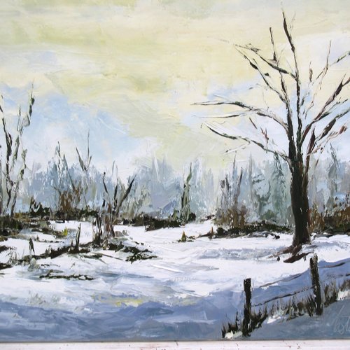 Habit d'hiver : paysage enneigé :peinture figurative, peinture à l'huile au couteau sur toile de lin
