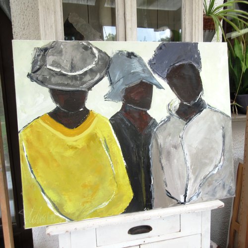 Calme intérieur: peinture figurative personnages, les 3 soeurs- peinture à l'huile au couteau sur toile de lin sur châssis