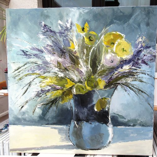 Peinture florale - fleurs des champs- huile au couteau sur toile de lin sur châssis : "irisation infinie"