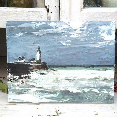 Peinture marine bretagne- phare- à l'huile au couteau sur toile de lin sur châssis : "le gardien des temps"
