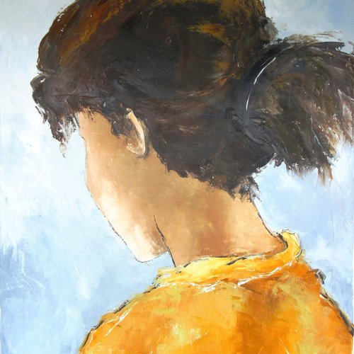 Peinture figurative personnage, jeune dame, peinture à l'huile au couteau sur toile de lin sur châssis: "a coeur ouvert"
