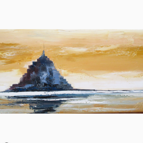 Peinture marine mont st michel france ,huile au couteau sur toile : "le devenir des lumières "