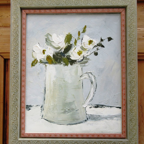 Peinture florale huile sur toile de lin ,au couteau, avec cadre : "douceur de vivre"