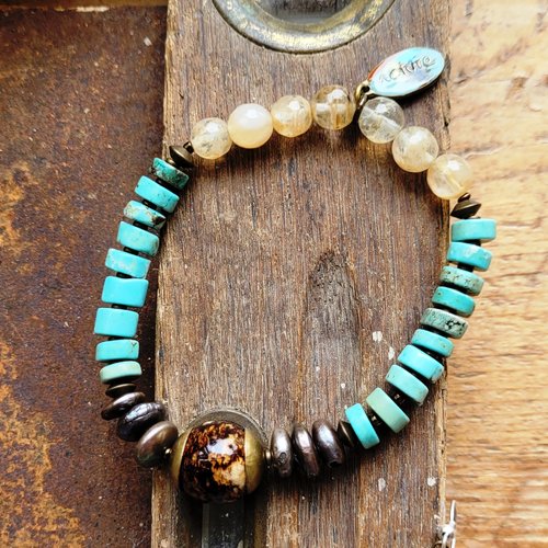Un bracelet vintage nature , primitif, tribal et ethnique avec perles heishi turquoise, nacre, citrine : prix sympathique !!..