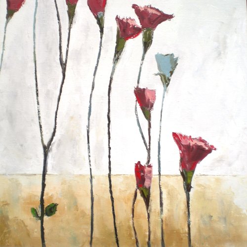 Peinture florale "oeillets" huile au couteau sur châssis et toile de lin : "cordes sensibles"