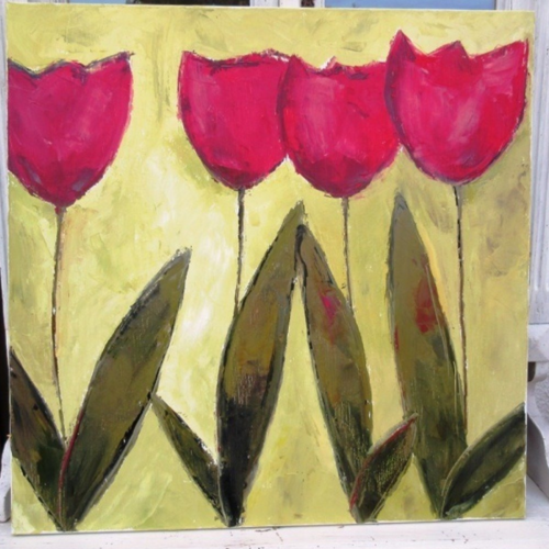 Peinture figurative florale- tulipes- huile au couteau sur toile de lin sur châssis : "elégance"
