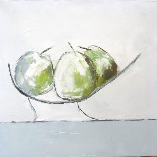 Les délicieuses : peinture nature morte "les pommes à l'atelier" , huile au couteau sur toile de lin sur châssis ...