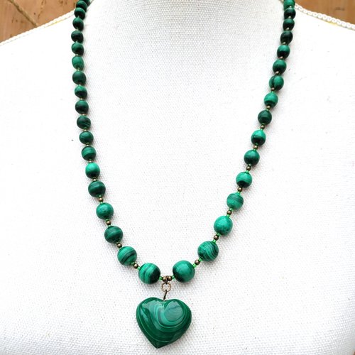 Collier Ras-du-cou Métal Doré – Perles Malachite Et Os De Bovin – 42 Cm