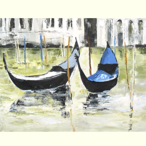 Paysage de venise - gondoles , peinture figurative, peinture à l'huile au couteau sur toile de lin: "parcelles de mémoire"