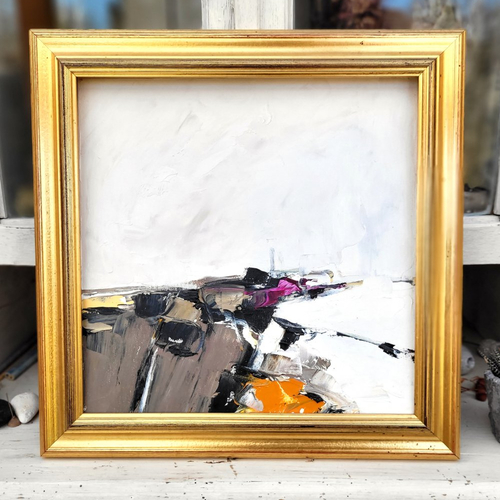 Peinture huile abstrait lyrique au couteau sur toile de lin sur châssis avec cadre doré à la feuille d'or : "neige de printemps"