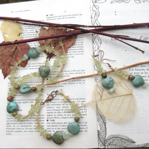 Parure collier, boucles d'oreille et bracelet en citrine, unakite; turquoise.... : "une part de poésie"