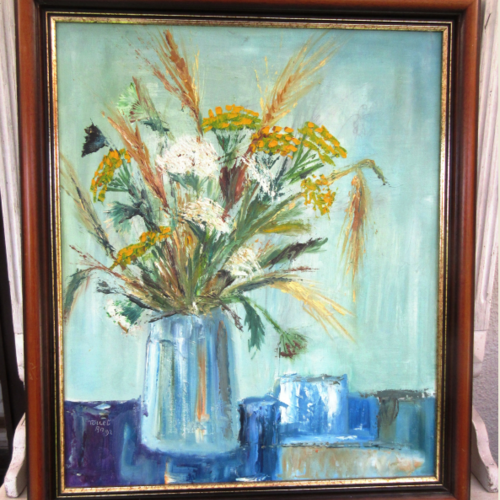 Peinture figurative originale de fleurs : bouquet : peinture à l'huile au pinceau sur carton toilé avec cadre :"fleurs des champs"