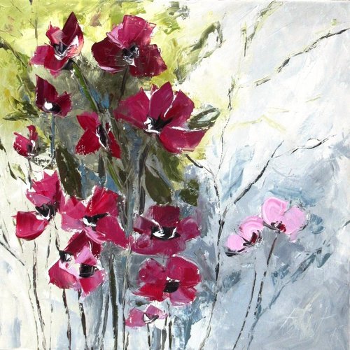 Peinture florale-  fleurs des champs- coquelicots - huile au couteau sur toile de lin sur châssis : "lumière matinale " ..