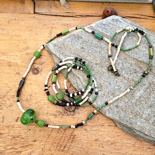 L'idéal est vert pomme : une parure qui a du peps, collier et bracelet, de style bohemian et ethnique ....